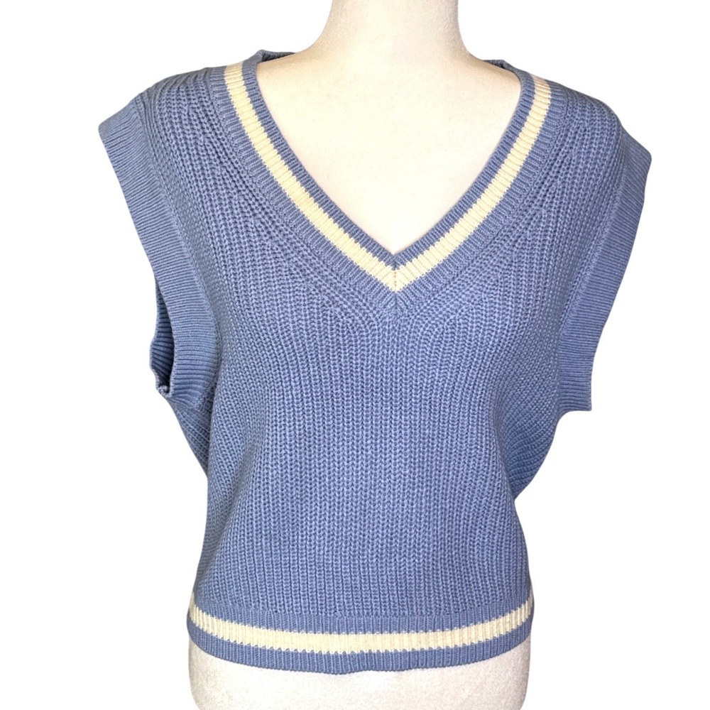 H&M Blue Knit Cropped Sweater Womens Vest V Neck Top Preppy Academia‎ Large NWOT